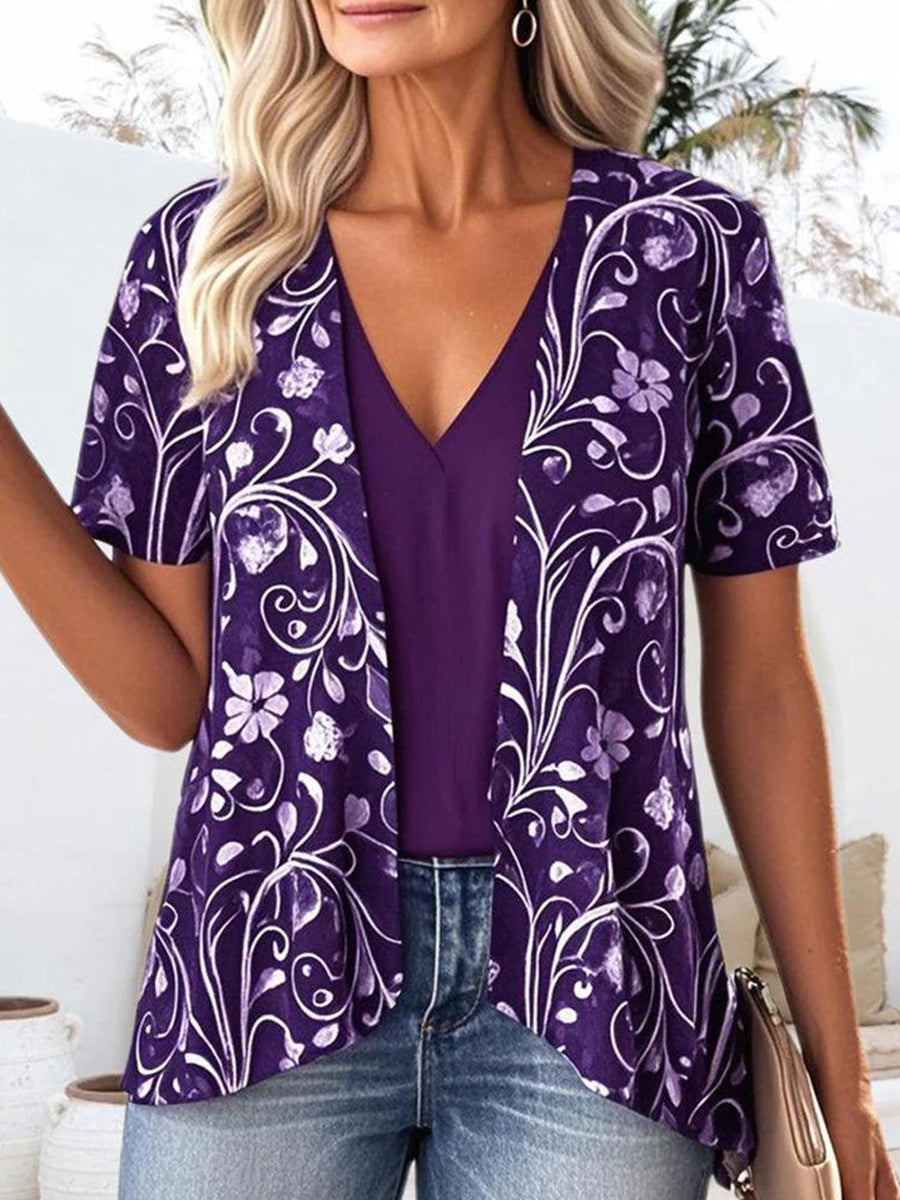 LilyWish Purple V-neck Short Sleeve Top