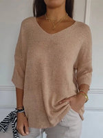 LilyWish Women's Casual V-Neck 3/4 Sleeve Loose Knit Top