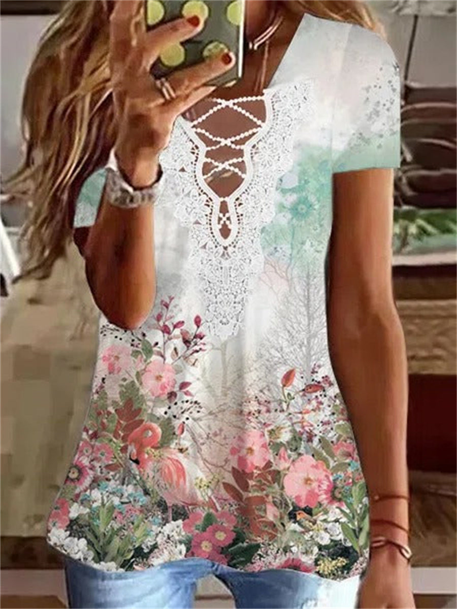 V Neck Floral Casual T-Shirt/Tee