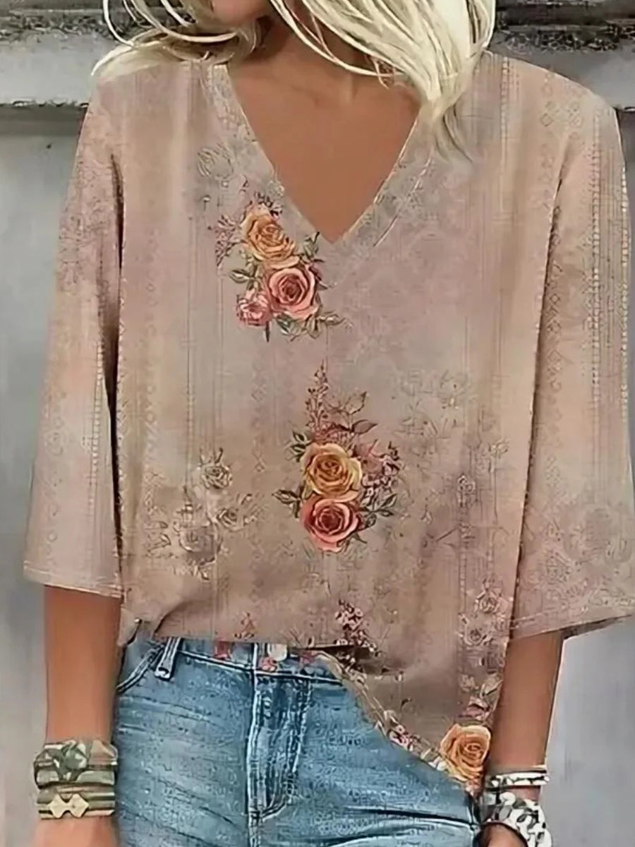 LilyWish Retro Khaki V-neck 3/4 Sleeve Top