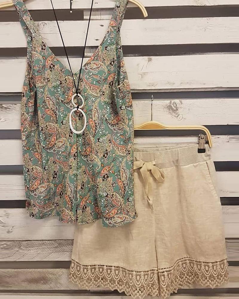Khaki Floral Print Straps Two Piece Set