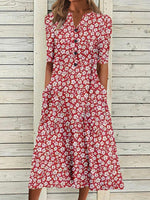 Women¡¯s Floral Print Button-Front Midi Dress with Pockets