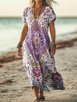 Floral Print V Neck Short Sleeve Summer Dress