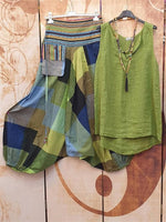 Green Casual Style Plaid Printed V-neck Sleeveless Two Piece Suit