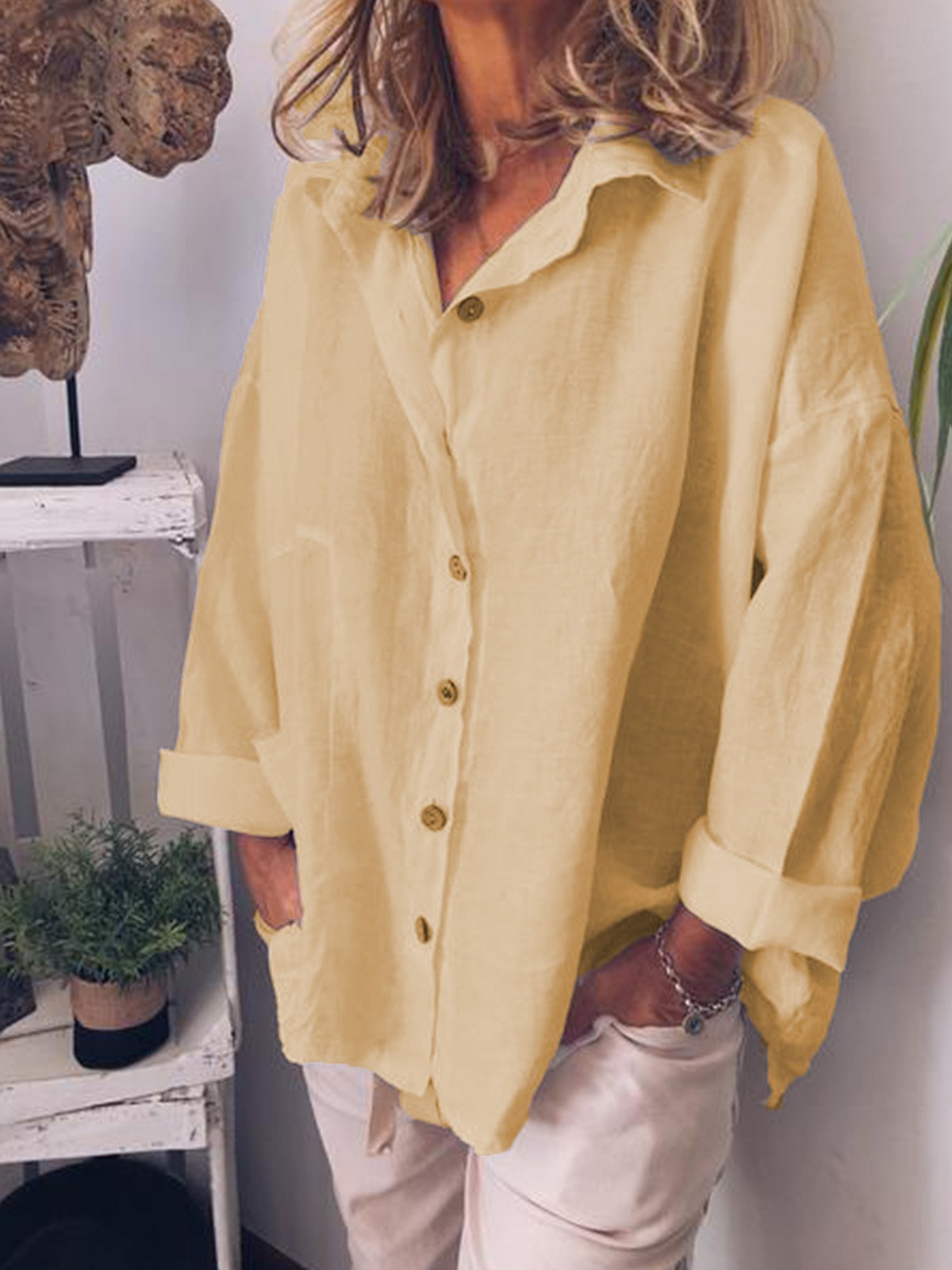 LilyWish Plain Button-up Casual Long Sleeve Collared Shirt