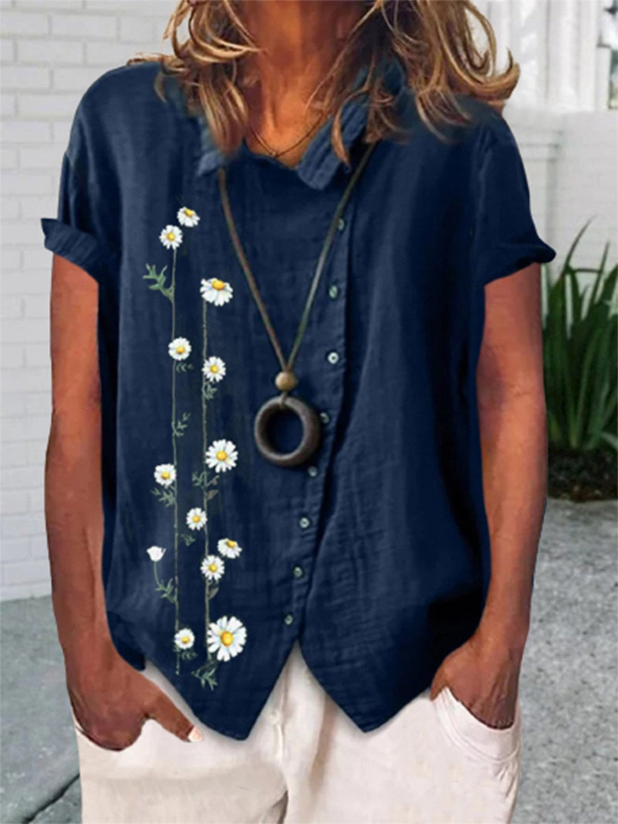 LilyWish Floral Print Short Sleeve Buckle Casual Blouse