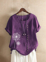 Women's Cotton Short Sleeve Top with Dandelion Print and Button Detail