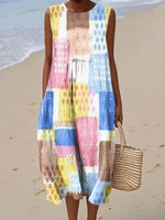 Women's Colorful Abstract Checkered Art Print Crew Neck Sleeveless Dress