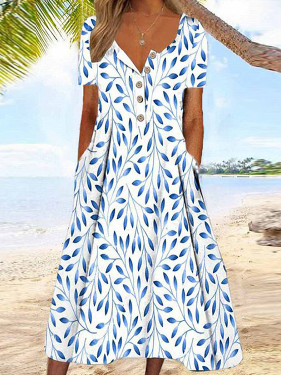 LilyWish Crew Neck Short Sleeve Vacation Leaf Print Loose Maxi Dress