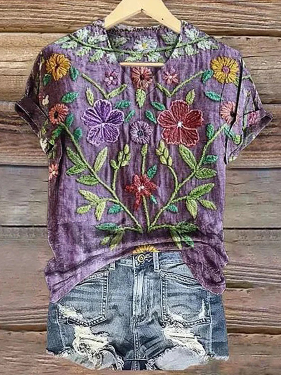 LilyWish Vintage Floral Print V-neck Short Sleeve T-Shirt
