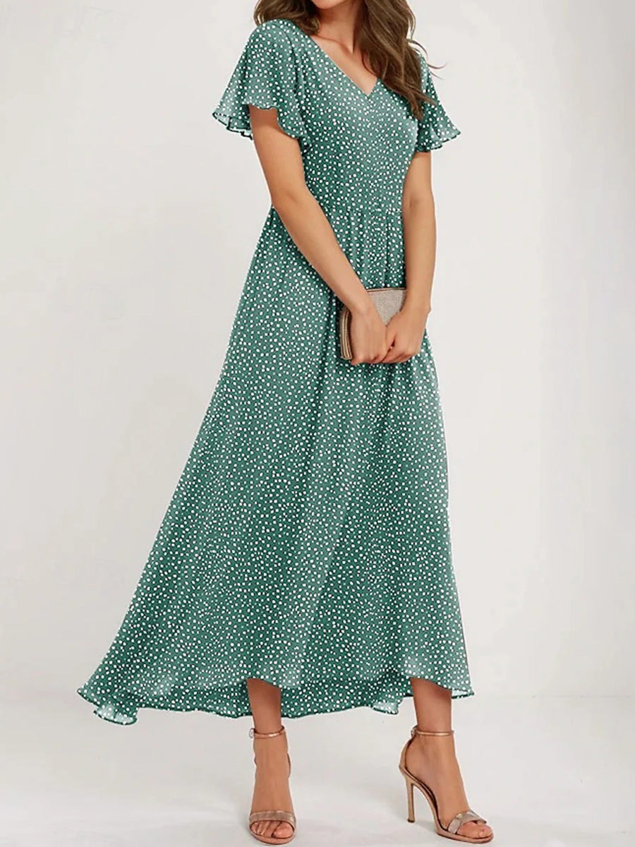 LilyWish Green V-neck Short Sleeve Maxi Dress