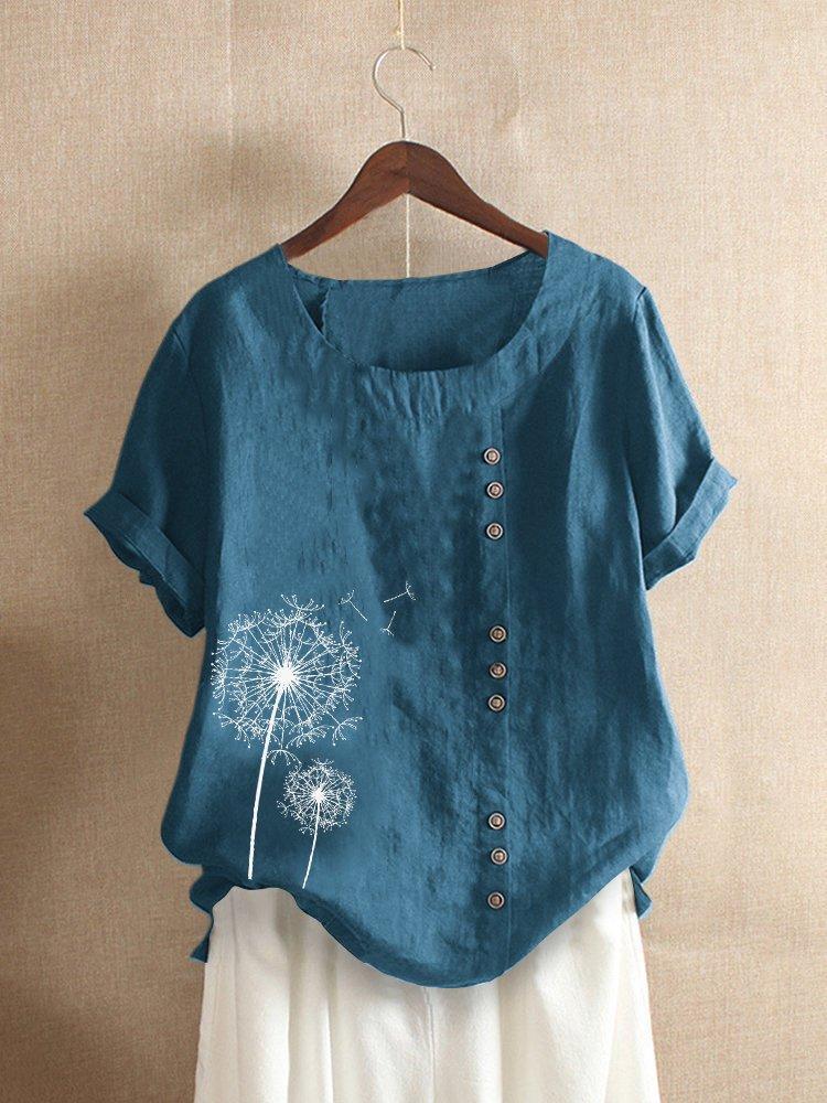 Women's Cotton Short Sleeve Top with Dandelion Print and Button Detail
