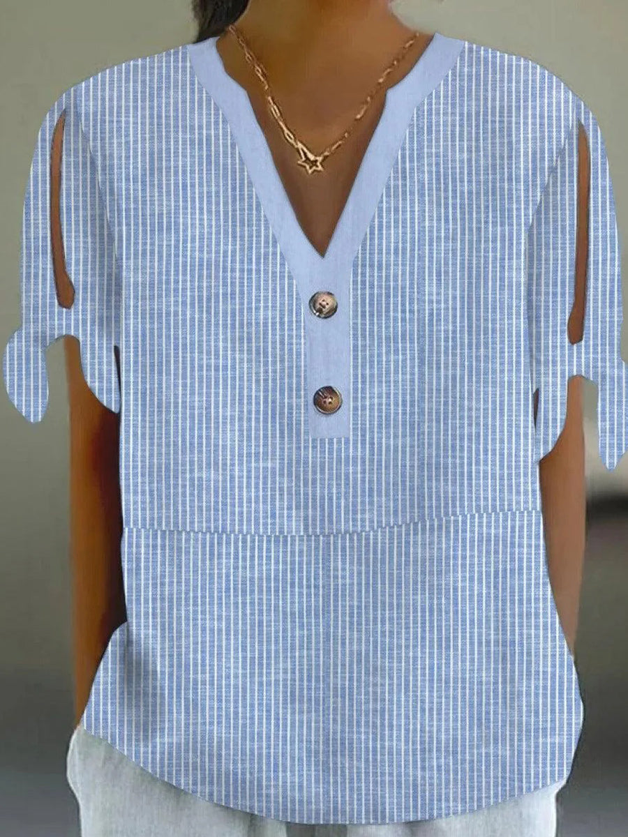 LilyWish Comfy Striped Print V-neck Split Sleeve Top