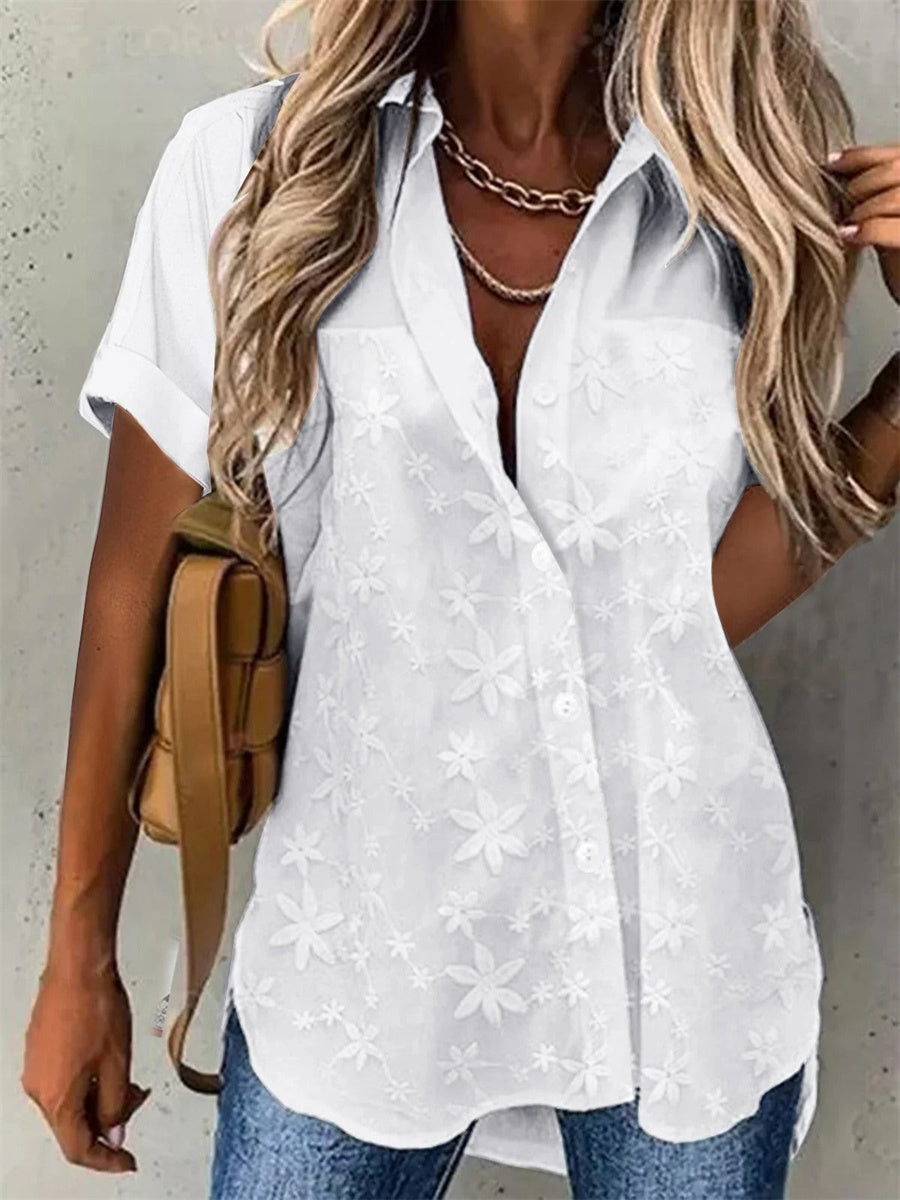 LilyWish Summer Plain Lace Casual Shirt Collar Loose Blouse