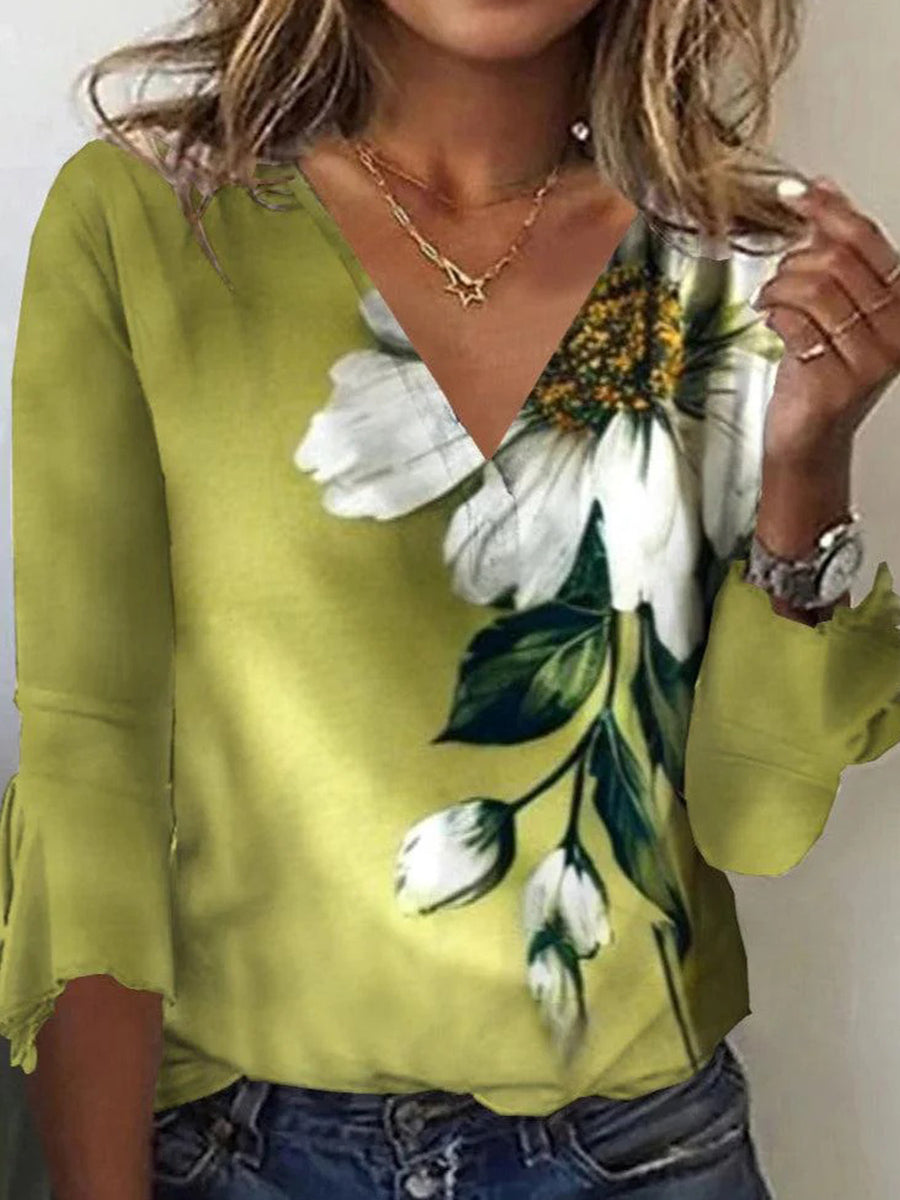 LilyWish Fresh Green Floral Print V-neck 3/4 Sleeve Top