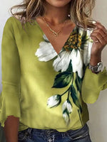 LilyWish Fresh Green Floral Print V-neck 3/4 Sleeve Top