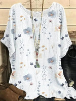 LilyWish White Casual Round Neck Floral Printed Short Sleeve Blouse