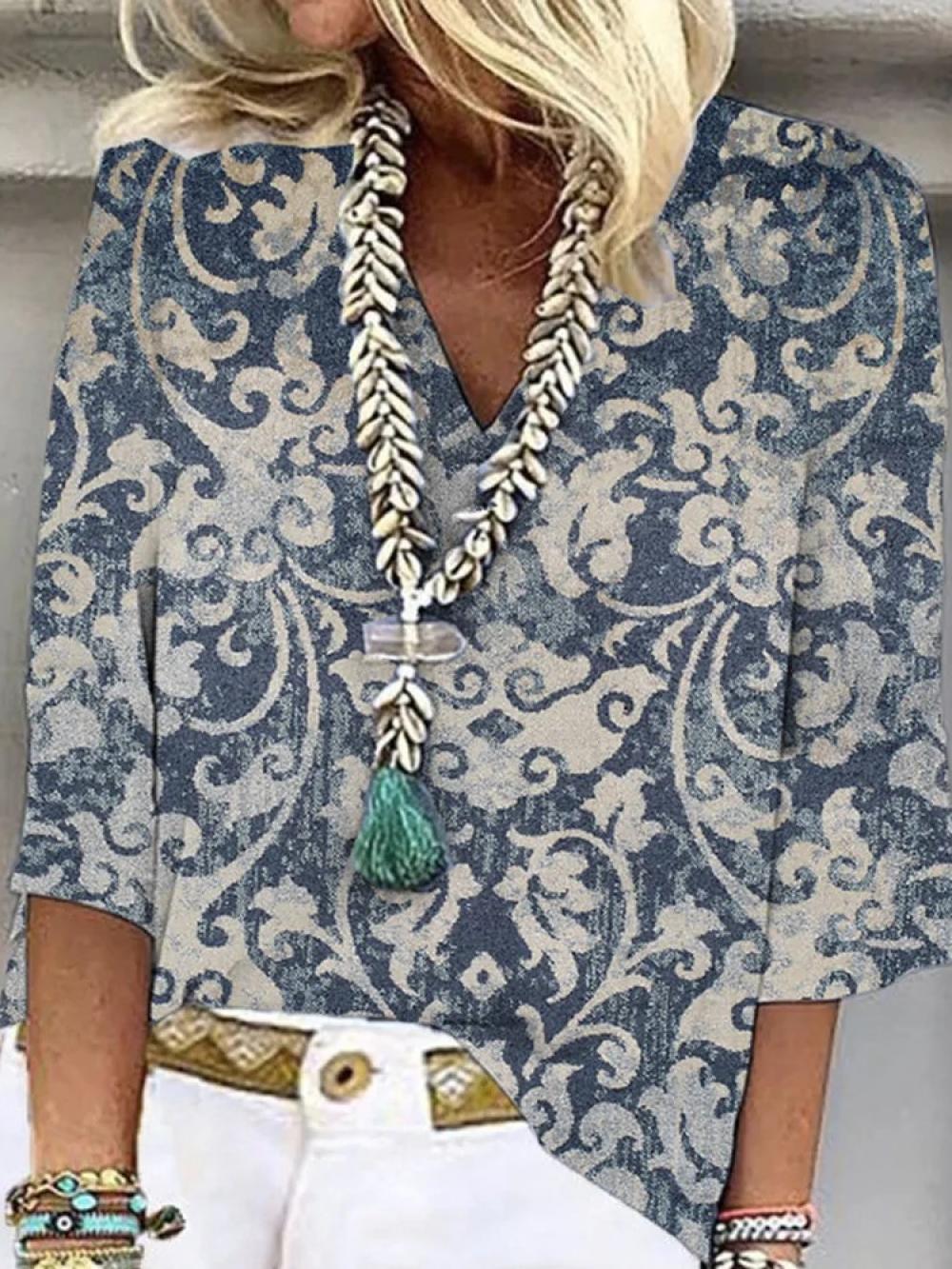 Blue Casual Graphic Tops V Neck Printed 3/4 Sleeve Blouse