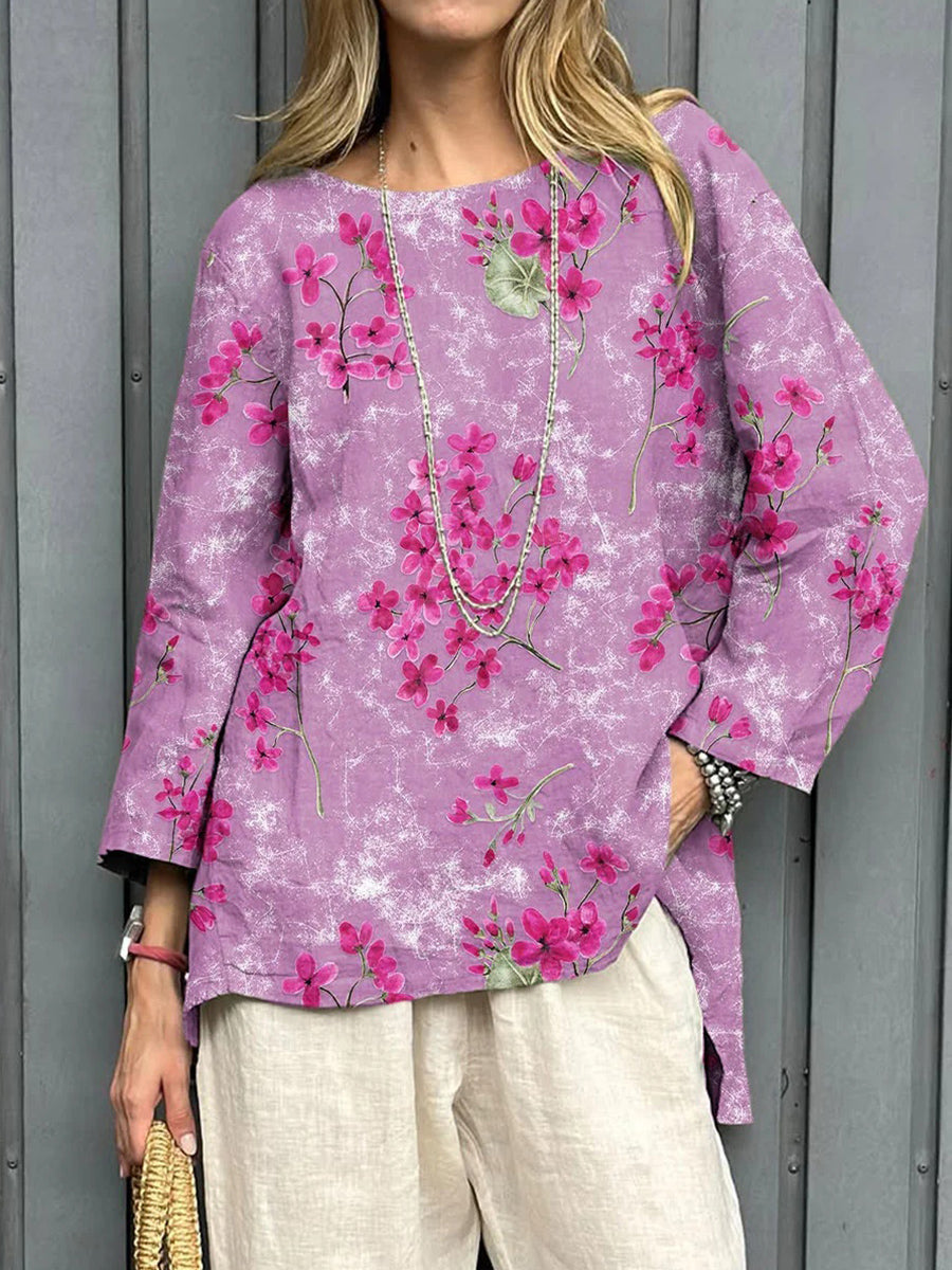 LilyWish Women's Vintage Floral Art Print Casual Cotton And Linen Shirt