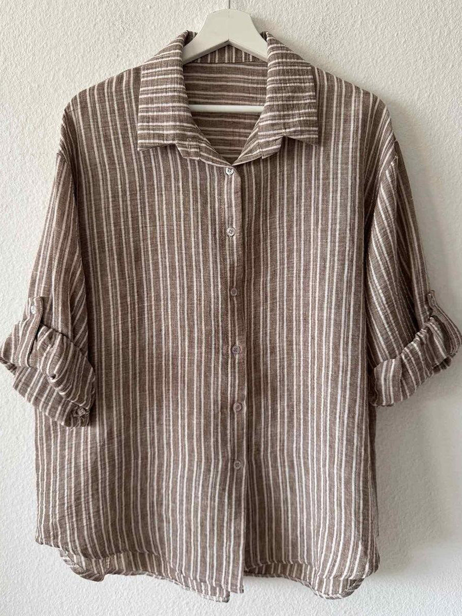 Brown Striped Print Collared Long Sleeve Shirt