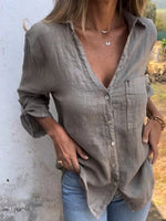 Cotton and Linen 3/4 Sleeve Solid Lapel Shirt