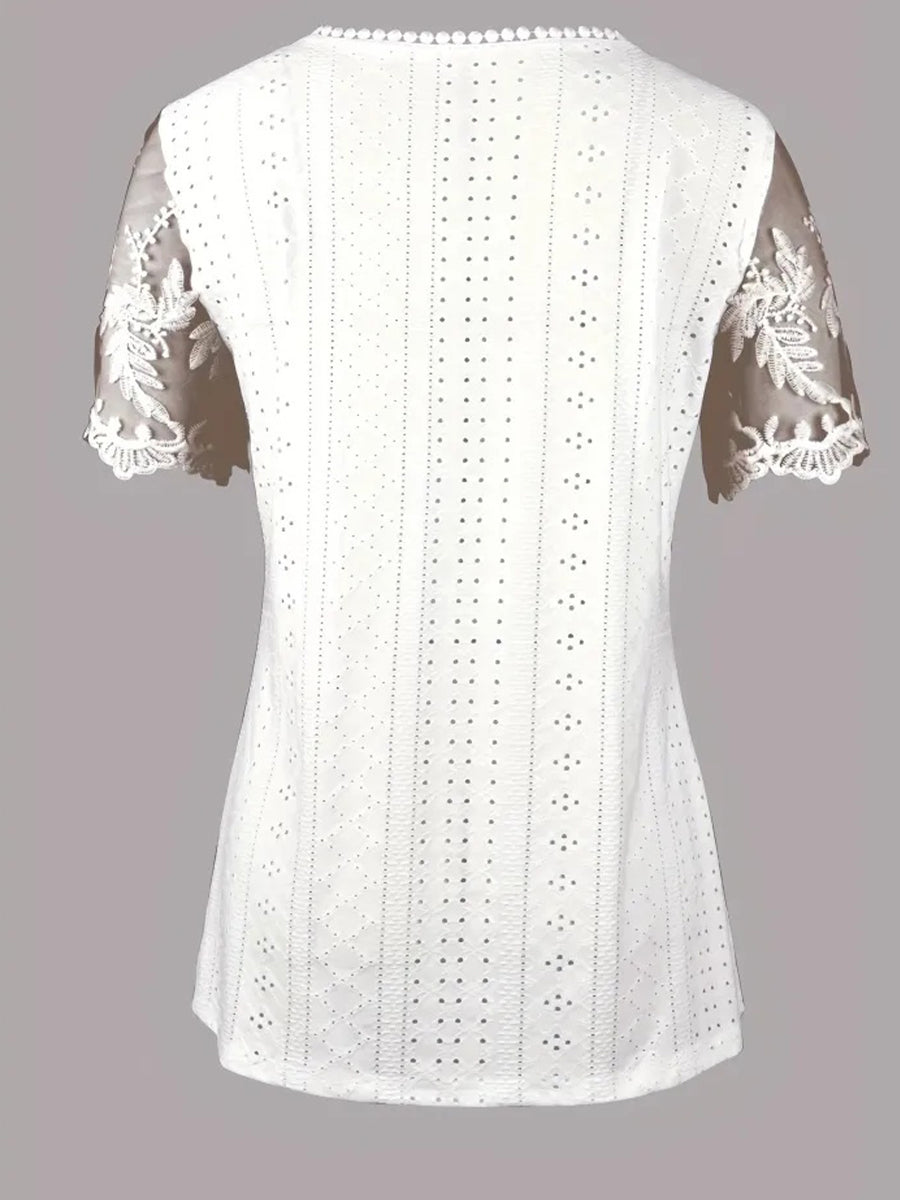 Solid Eyelet Square Neck Contrast Lace Top