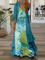Women's Long Sleeve V-neck Graphic Printed Two Pieces Maxi Dress