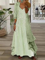 Women's Long Sleeve V-neck Floral Printed Two Pieces Maxi Dress