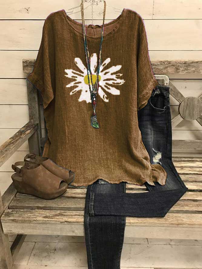 LilyWish Short Sleeve Crew Neck Shift Sunflower Print Casual Blouse