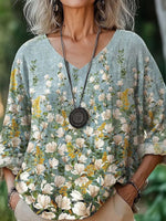 LilyWish Distinctive V-Neck Floral Print 3/4 Sleeve Top