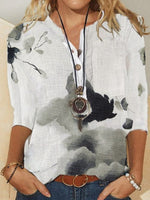 LilyWish V-neck 3/4 Sleeve Graphic Print White Blouse