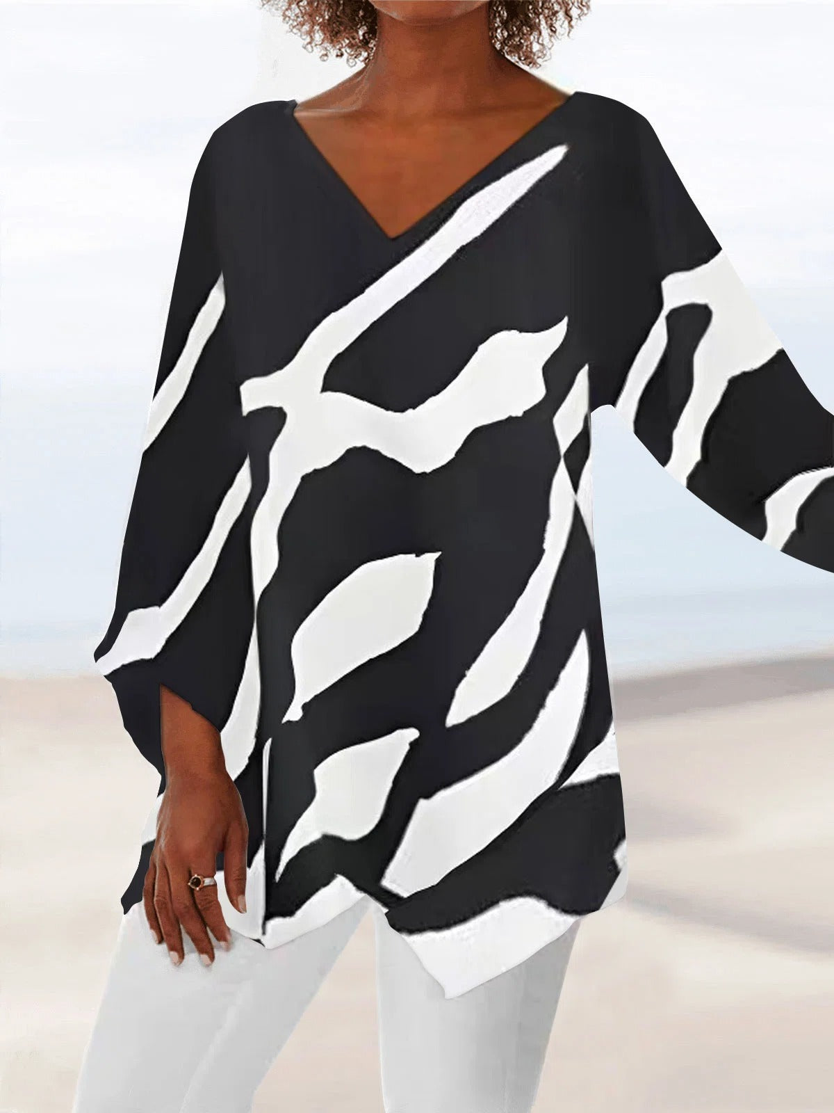 Black Casual V Neck Stripe Long Sleeve Blouse