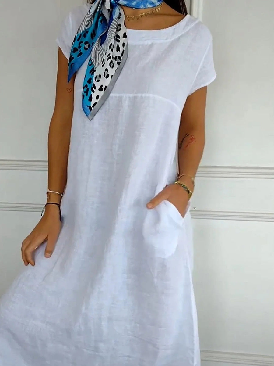 Solid Round Neck Short Sleeve Pocket Dress