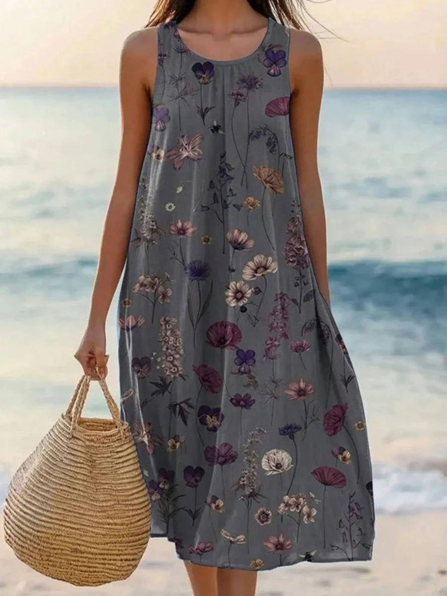 LilyWish Vintage Floral Print Round Neck Sleeveless Dress