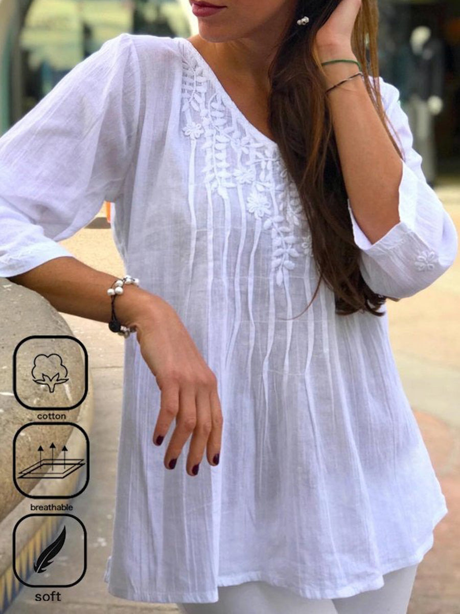LilyWish Chic Plain V Neck Lace 3/4 Sleeve Blouse