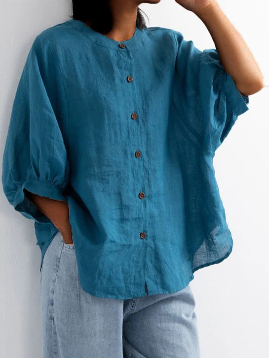 Women's Solid Color Lantern Sleeve Retro Loose Half Sleeve Cotton Linen Shirt