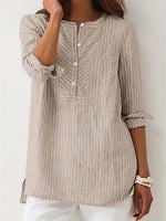 LilyWish Striped Half Button High-Low Hem Long Sleeves Blouse