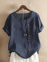 Women's Casual Loose-Fit Cotton Short Sleeve Blouse with Side Buttons