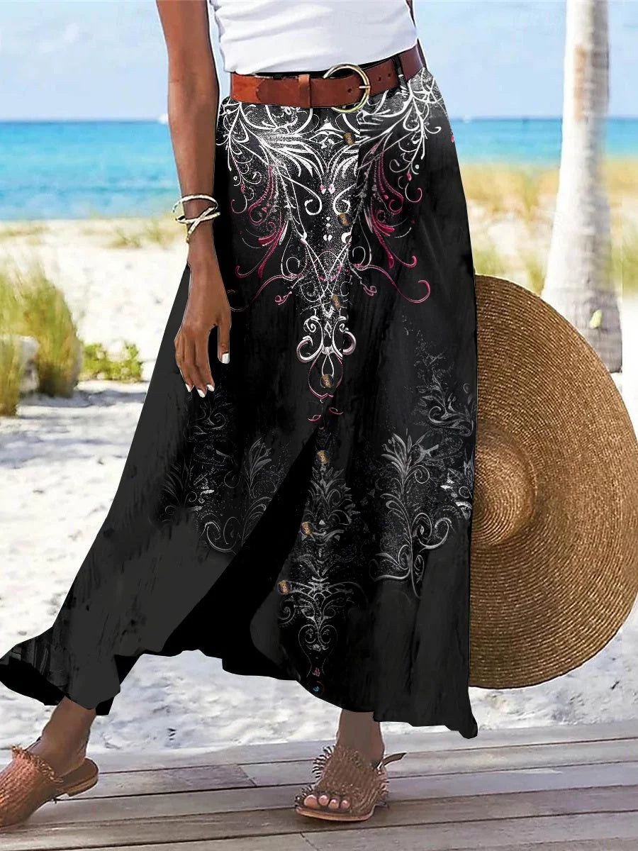 Women's Floral Printed Graphic Straight Fashion Split Button Maxi High Waist Skirt