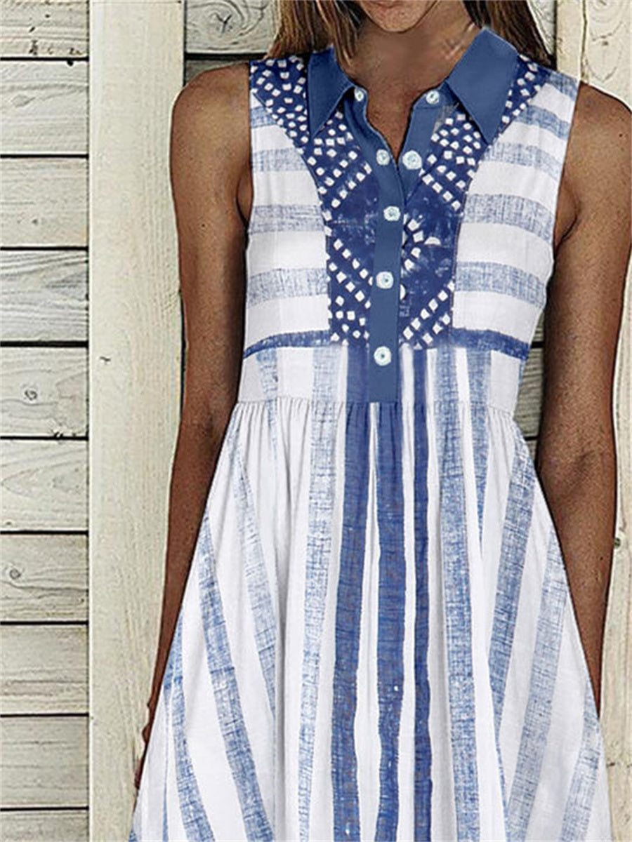 LilyWish Women Sleeveless Lapel Striped Printed Graphic Button Pockets Maxi Dress