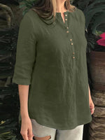 Cotton Solid Button Ruched High-Low Hem Casual Blouse