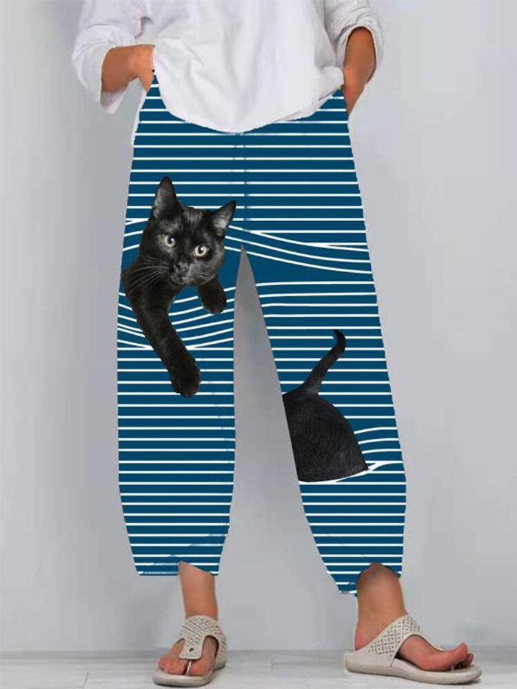 Cat Print Striped Patchwork Elastic Waist Casual Pants