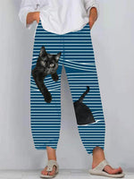 Cat Print Striped Patchwork Elastic Waist Casual Pants
