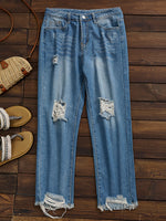 Stylish Distressed Ripped Jeans with Frayed Hem