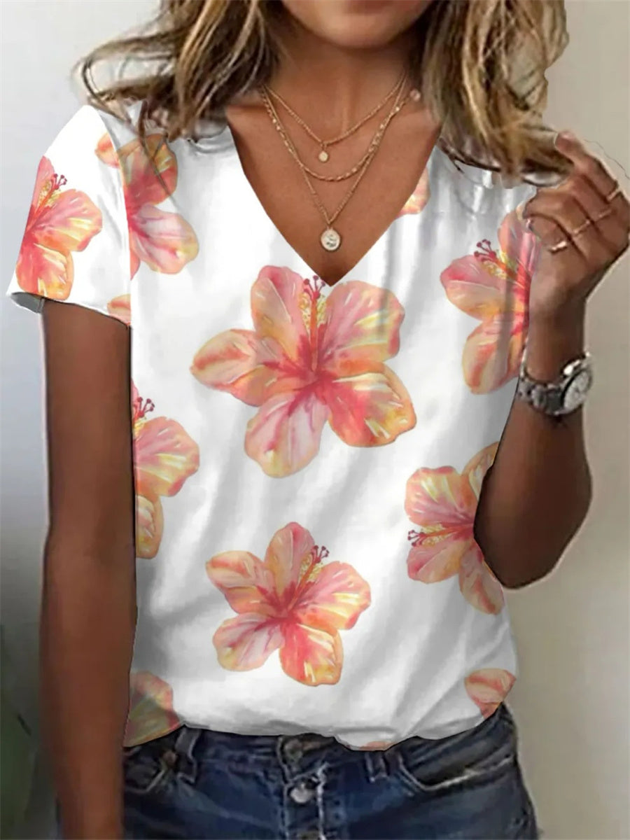 LilyWish Women's Floral Print Casual V-Neck Short Sleeve T-Shirt