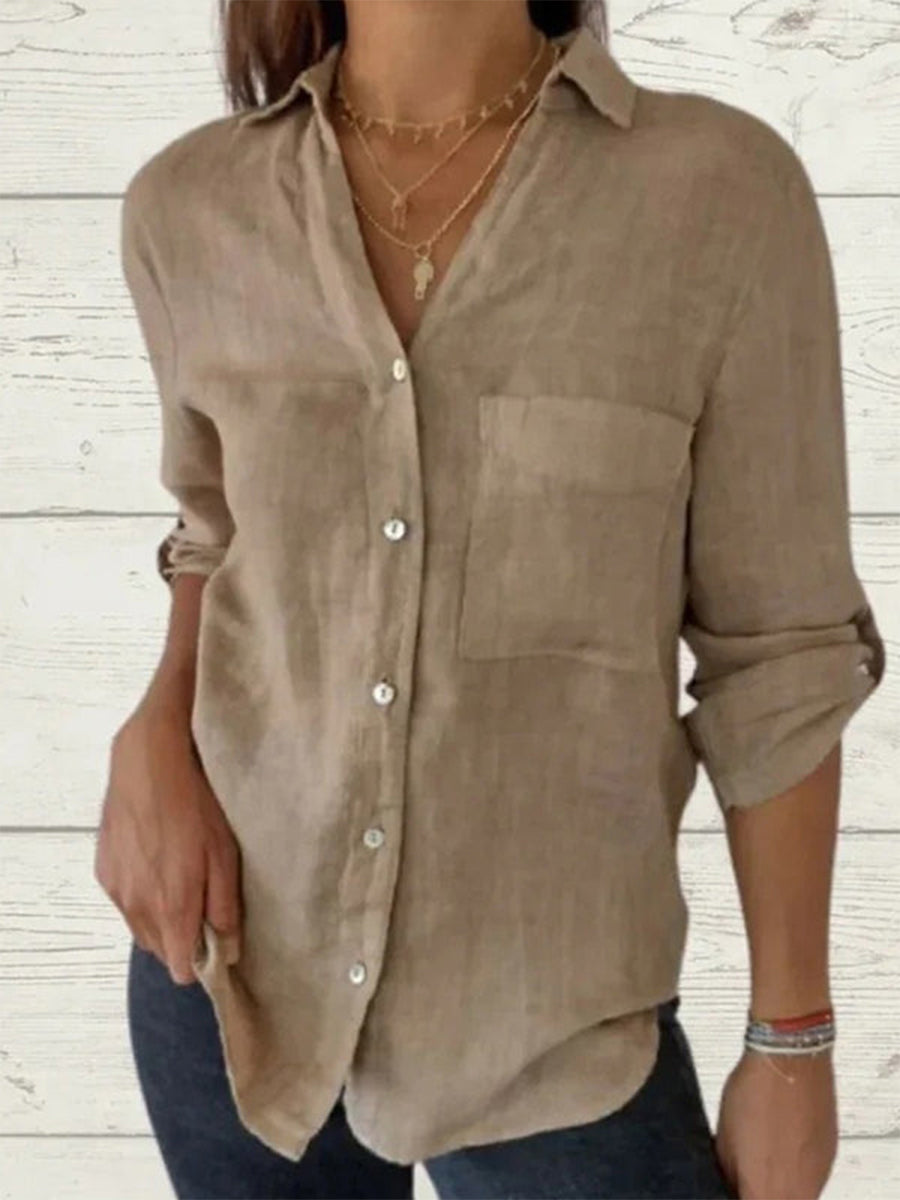 LilyWish Plain Shawl Collar 3/4 Sleeve Cotton Loose Shirt