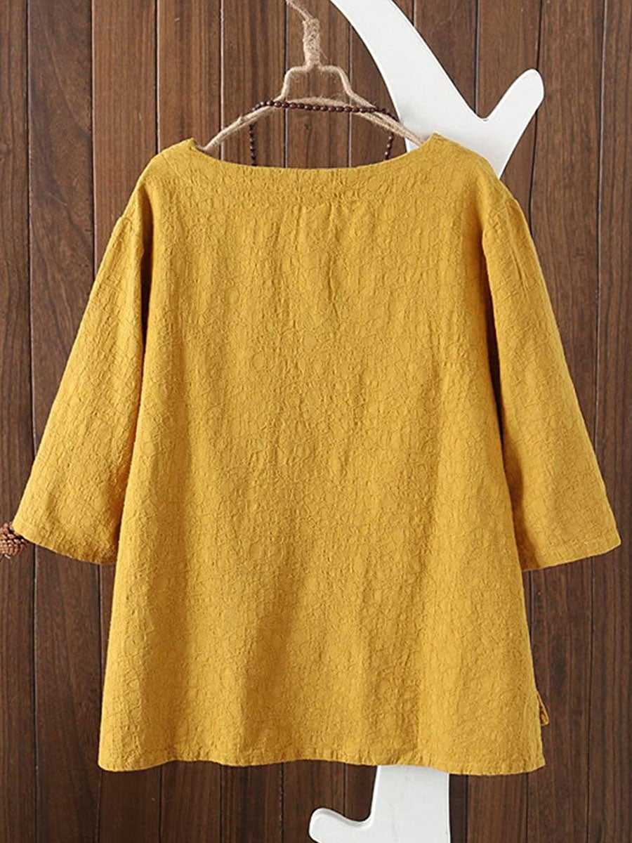 Solid Buttons Casual Round Neck 3/4 Sleeve Blouse