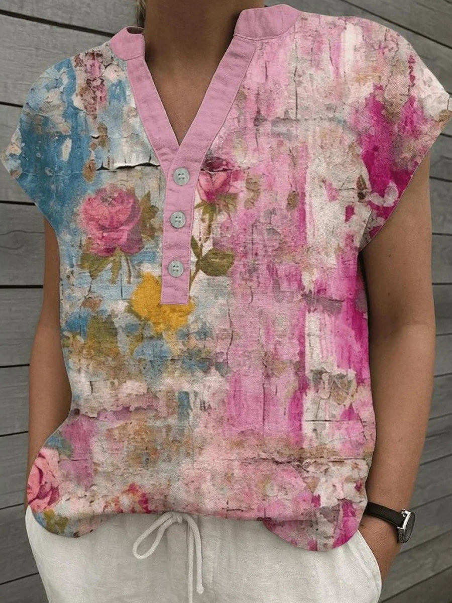 LilyWish Modern Floral Print Short Sleeve V-Neck Top