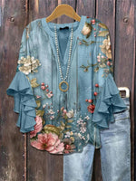 LilyWish Vintage Floral Print V-neck Half Sleeve Blouse