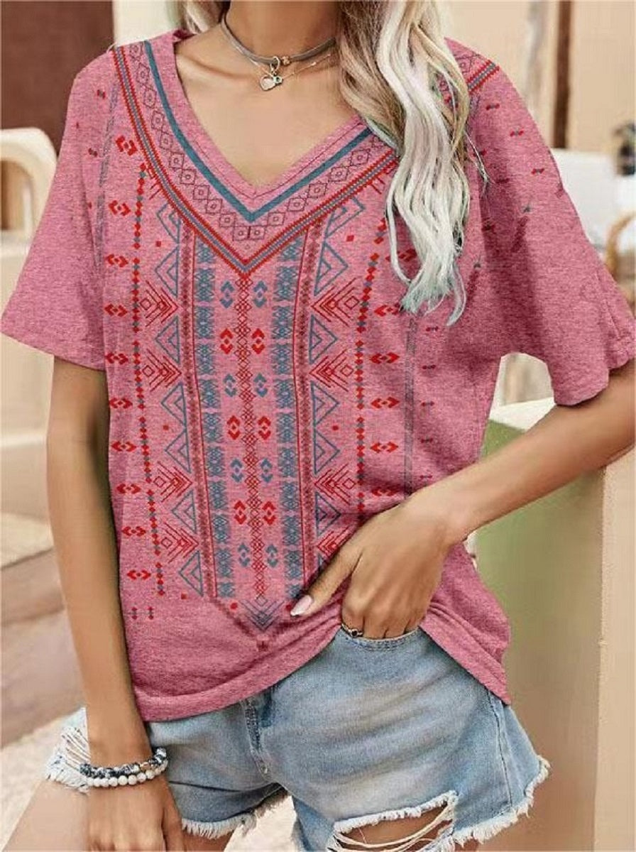 LilyWish Red Casual Graphic Tops V Neck Printed Short Sleeve T-shirt